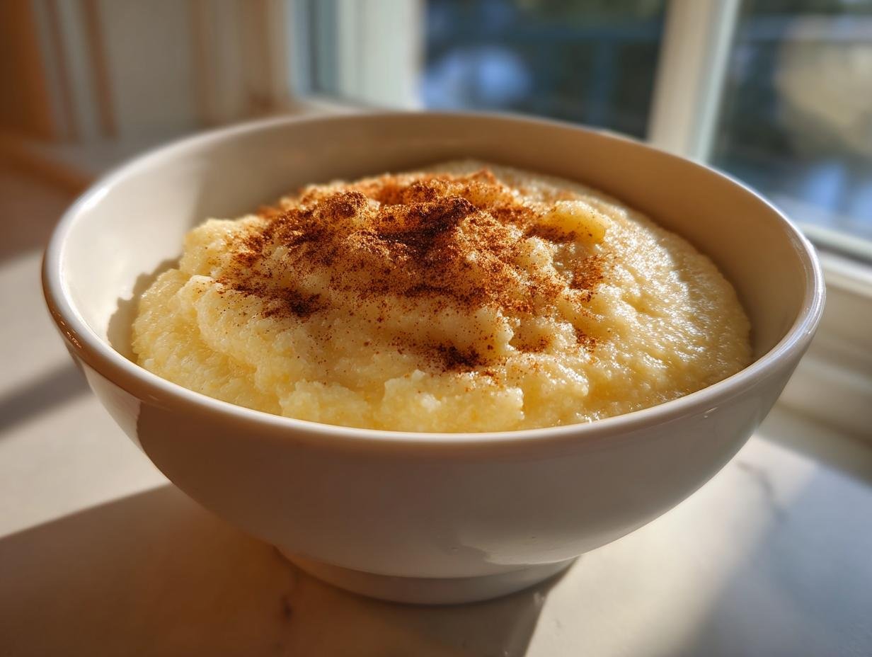 A close-up of a white bowl filled with creamy Jamaican cornmeal porridge, dusted with cinnamon.