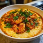 Close-up of creamy Jamaican shrimp and grits in a white bowl, topped with fresh parsley.