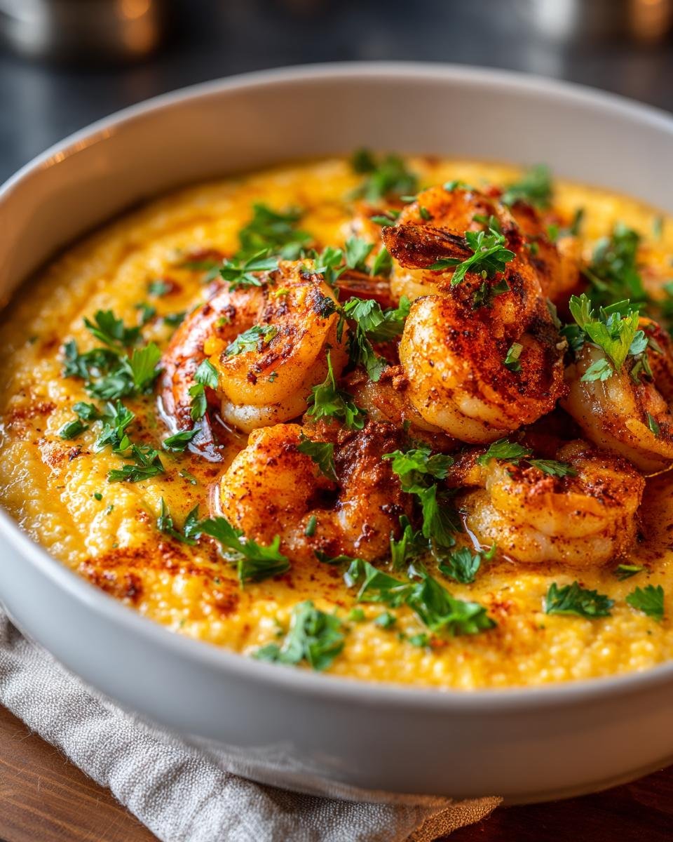 Close-up of Creamy Jamaican Shrimp and Grits topped with seasoned shrimp and fresh parsley.