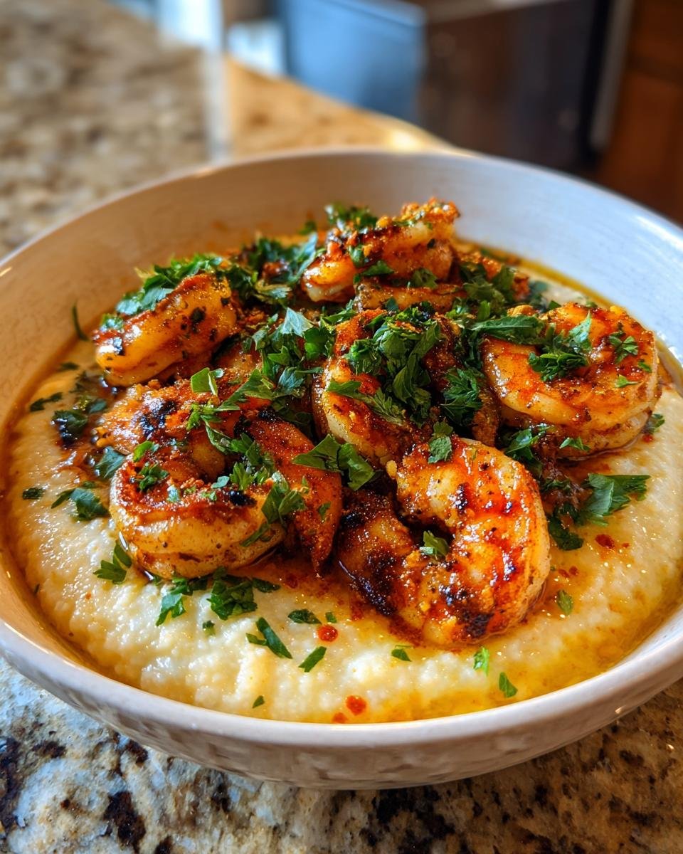 A bowl of Creamy Jamaican Shrimp and Grits topped with seasoned shrimp and fresh parsley.