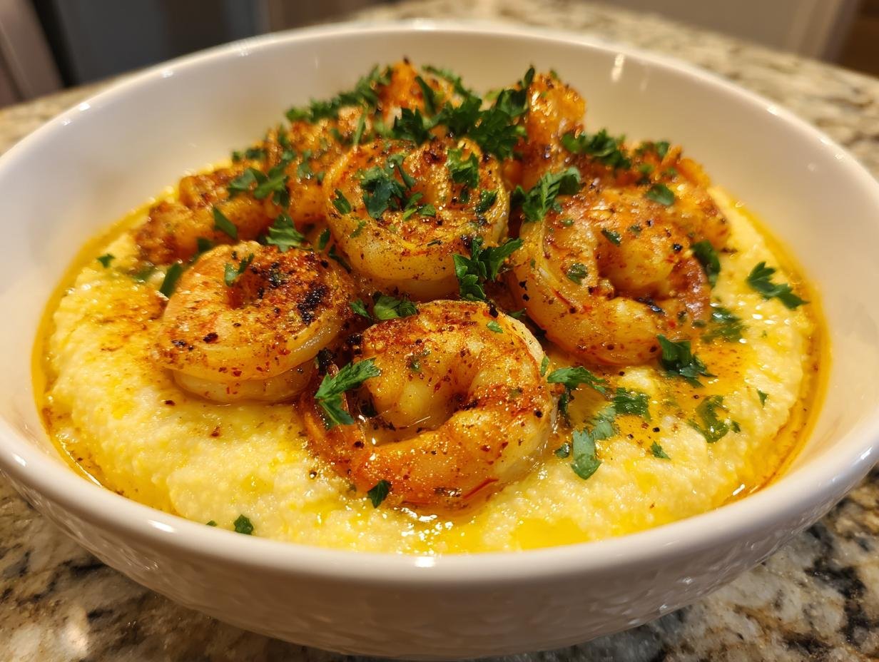 A close-up of a white bowl filled with creamy Jamaican Shrimp and Grits, topped with seasoned shrimp and fresh parsley.