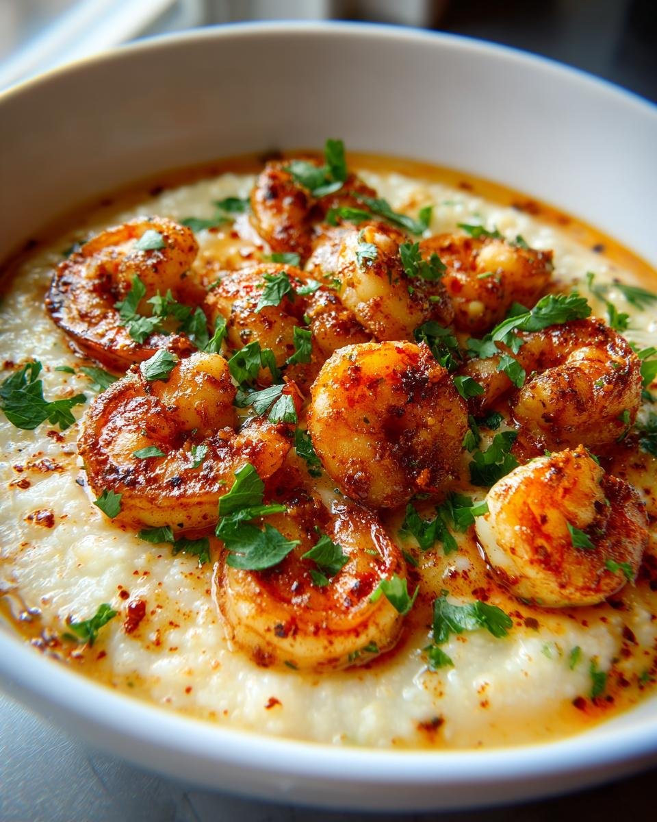 Close-up of Creamy Jamaican Shrimp and Grits, featuring seasoned shrimp over creamy grits, garnished with fresh parsley.