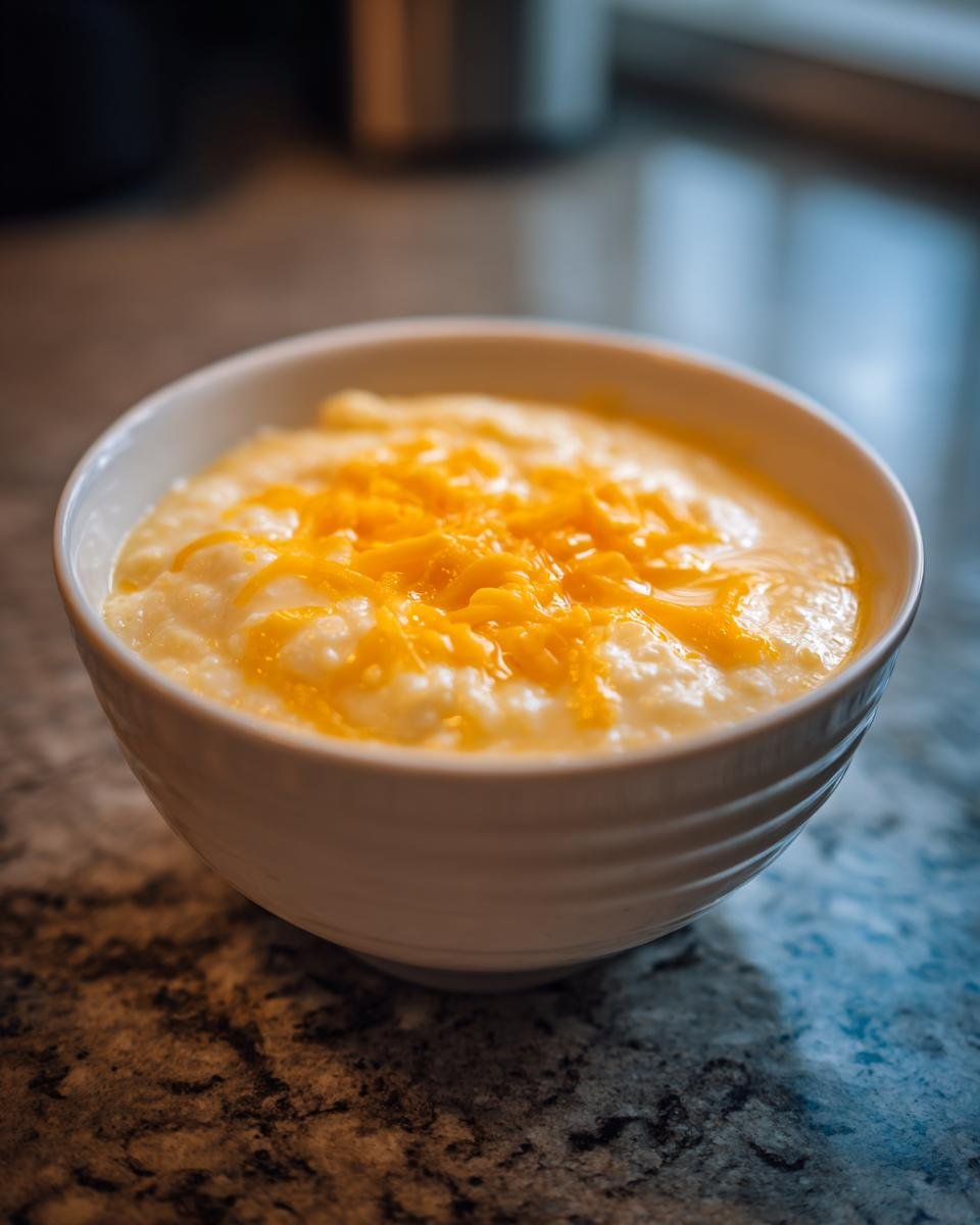 A white bowl filled with creamy Southern cheese grits, topped with melted shredded cheddar cheese.