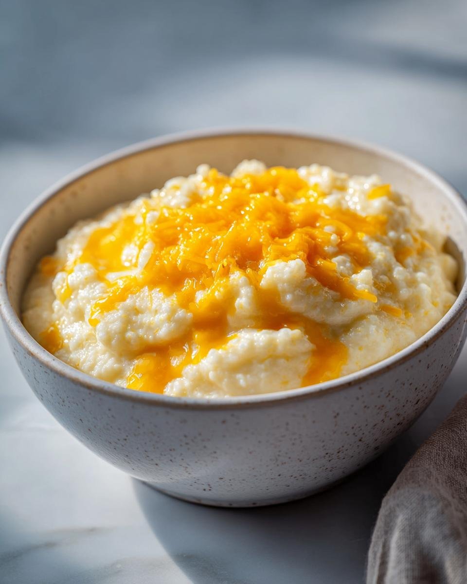 Close-up of a bowl filled with creamy Southern cheese grits, topped with melted shredded cheddar cheese.