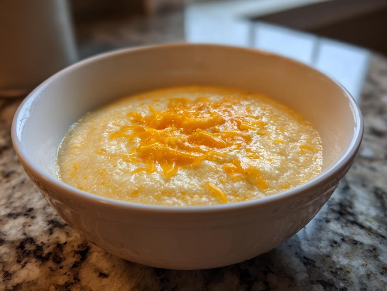 A close-up of a white bowl filled with creamy southern cheese grits, topped with shredded cheddar cheese.