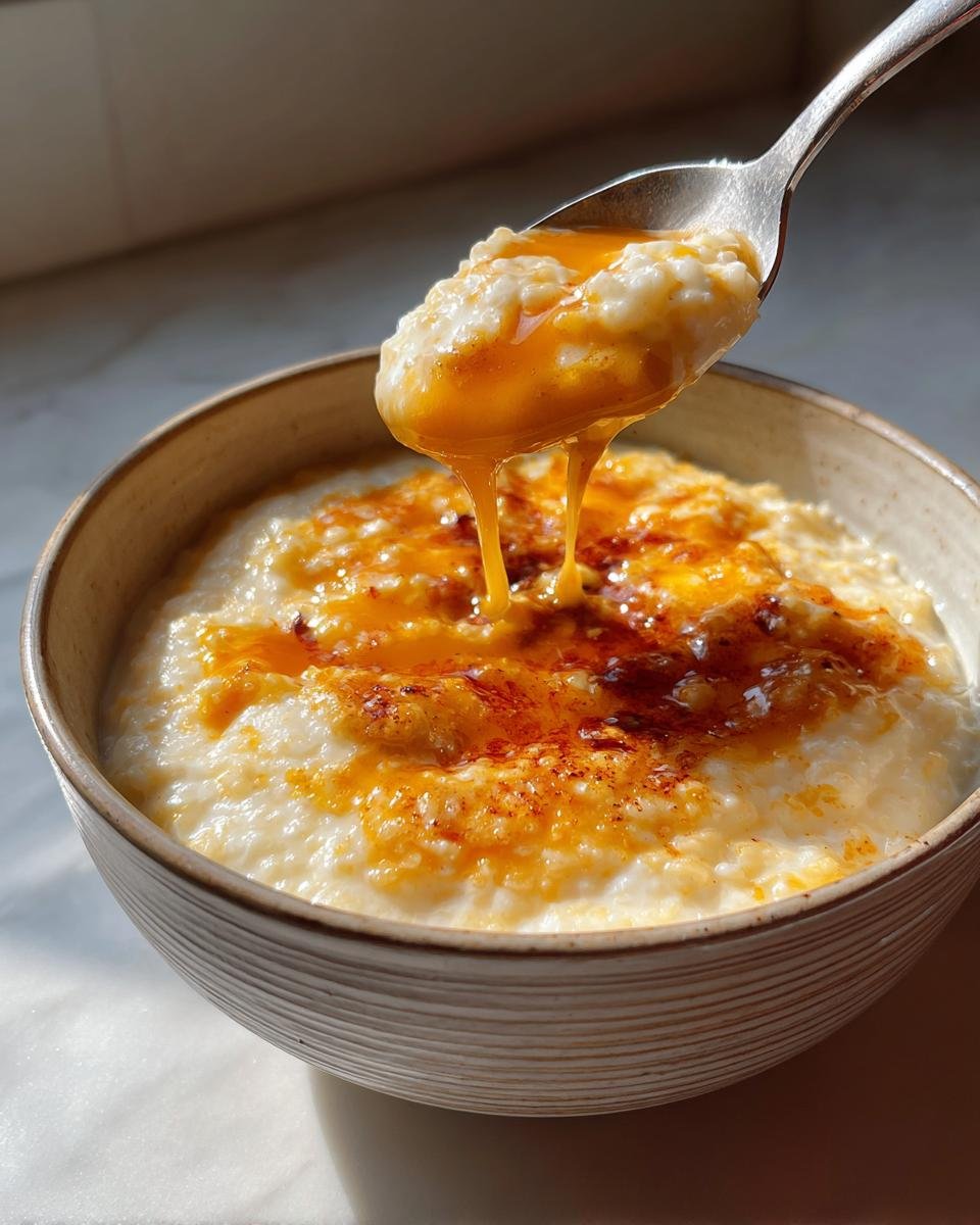 A spoonful of Creamy Southern Cheese Grits being lifted from a bowl, with melted butter drizzling down.