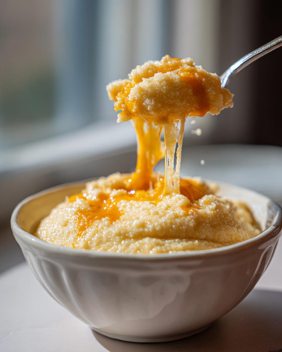 A spoonful of Creamy Southern Cheese Grits with melted cheese stretching from the bowl.