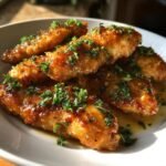 A plate of crispy air fryer honey butter garlic chicken tenders, glistening with sauce and sprinkled with fresh parsley.
