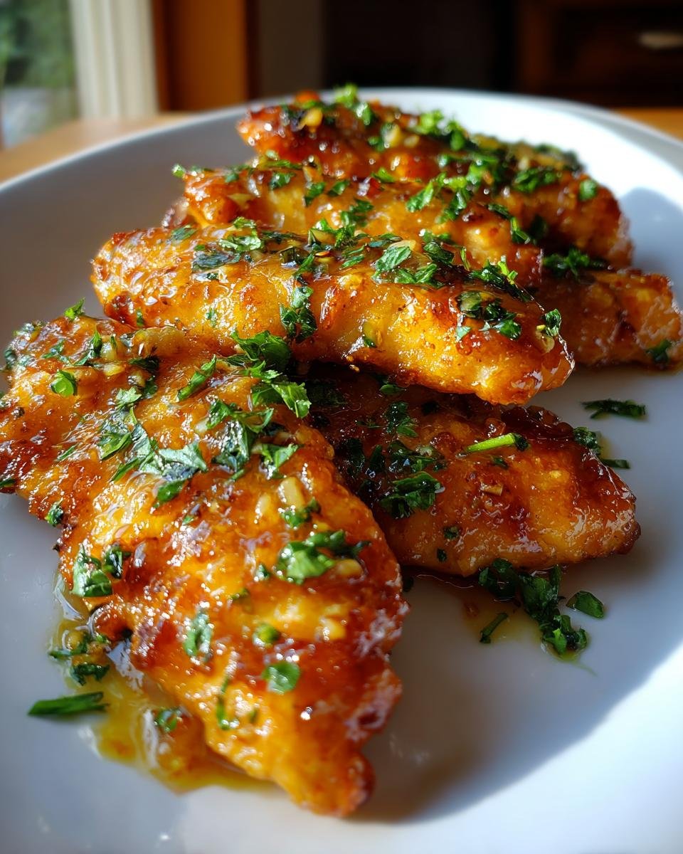 Close-up of Crispy Air Fryer Honey Butter Garlic Chicken Tenders drizzled with sauce and sprinkled with parsley.