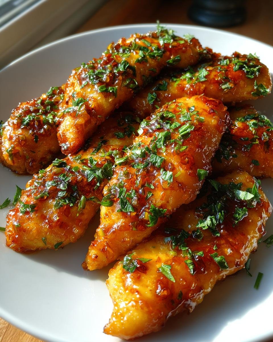 A pile of Crispy Air Fryer Honey Butter Garlic Chicken Tenders, glistening with sauce and sprinkled with fresh parsley.