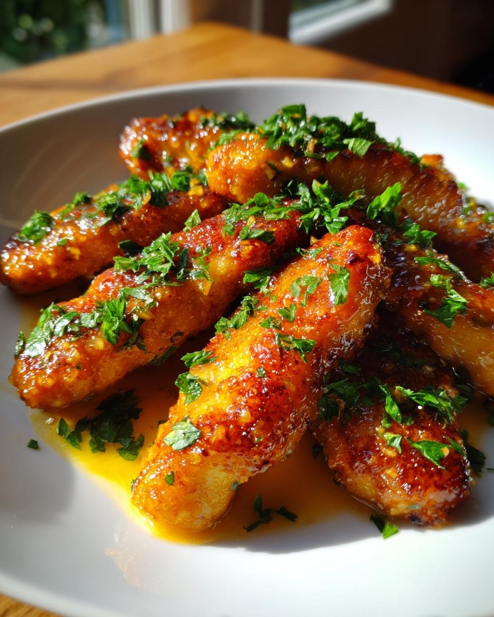 A close-up of Crispy Air Fryer Honey Butter Garlic Chicken Tenders, glistening with sauce and sprinkled with fresh parsley.