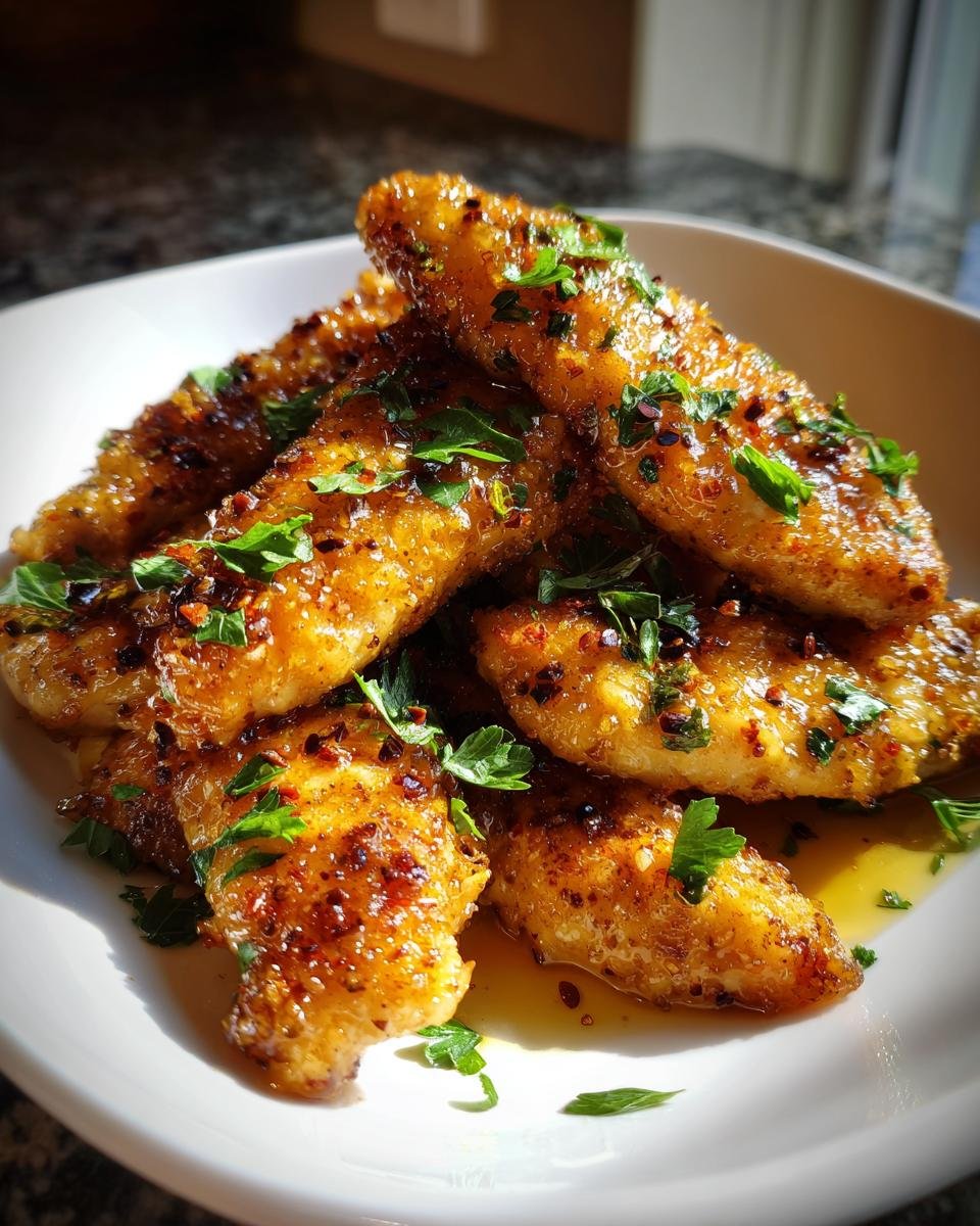 A plate piled high with crispy air fryer honey butter garlic chicken tenders, garnished with fresh parsley and chili flakes.