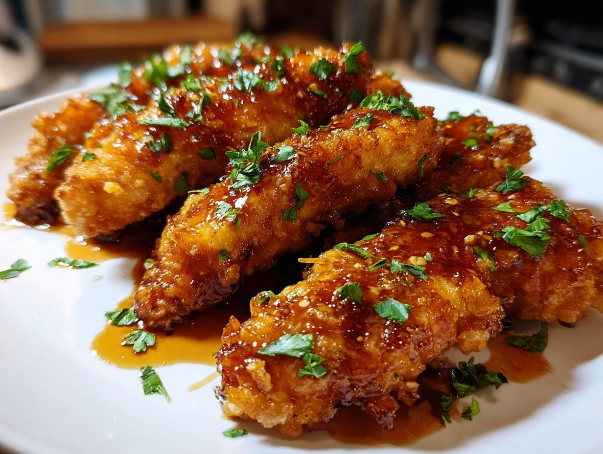 A plate of perfectly cooked Crispy Air Fryer Honey Butter Garlic Chicken Tenders, glistening with sauce and sprinkled with parsley.