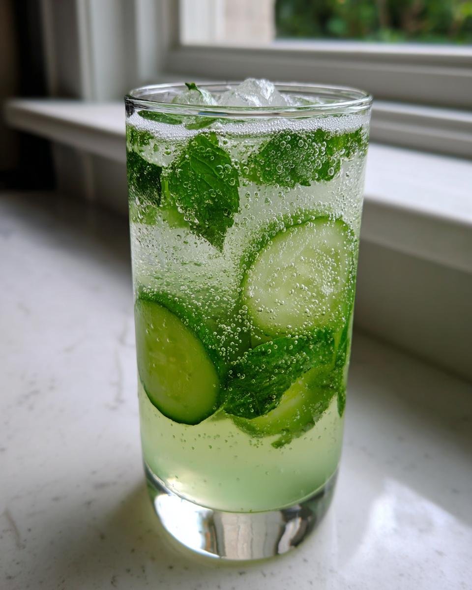 A tall glass filled with Cucumber Mint Sparkling Lemonade, ice, cucumber slices, and fresh mint leaves.