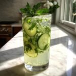 A tall glass filled with bubbly Cucumber Mint Sparkling Lemonade, featuring cucumber slices and fresh mint leaves.