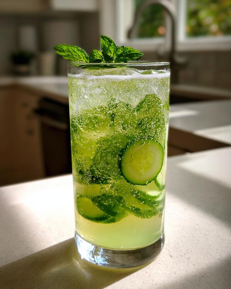 A tall glass filled with Cucumber Mint Sparkling Lemonade, featuring cucumber slices, mint leaves, and bubbles.