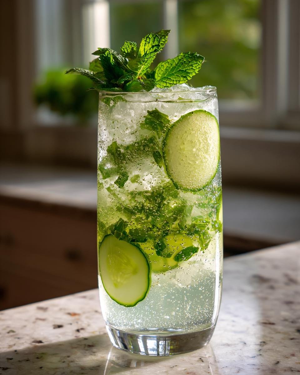 A tall glass filled with Cucumber Mint Sparkling Lemonade, ice, cucumber slices, mint leaves, and bubbles.