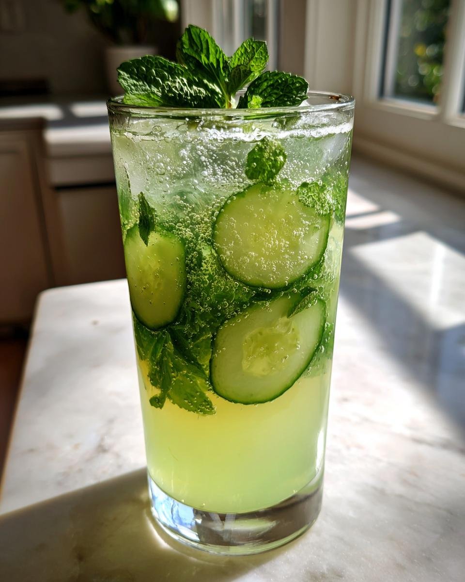 A tall glass filled with Cucumber Mint Sparkling Lemonade, featuring cucumber slices, mint leaves, ice, and bubbles.