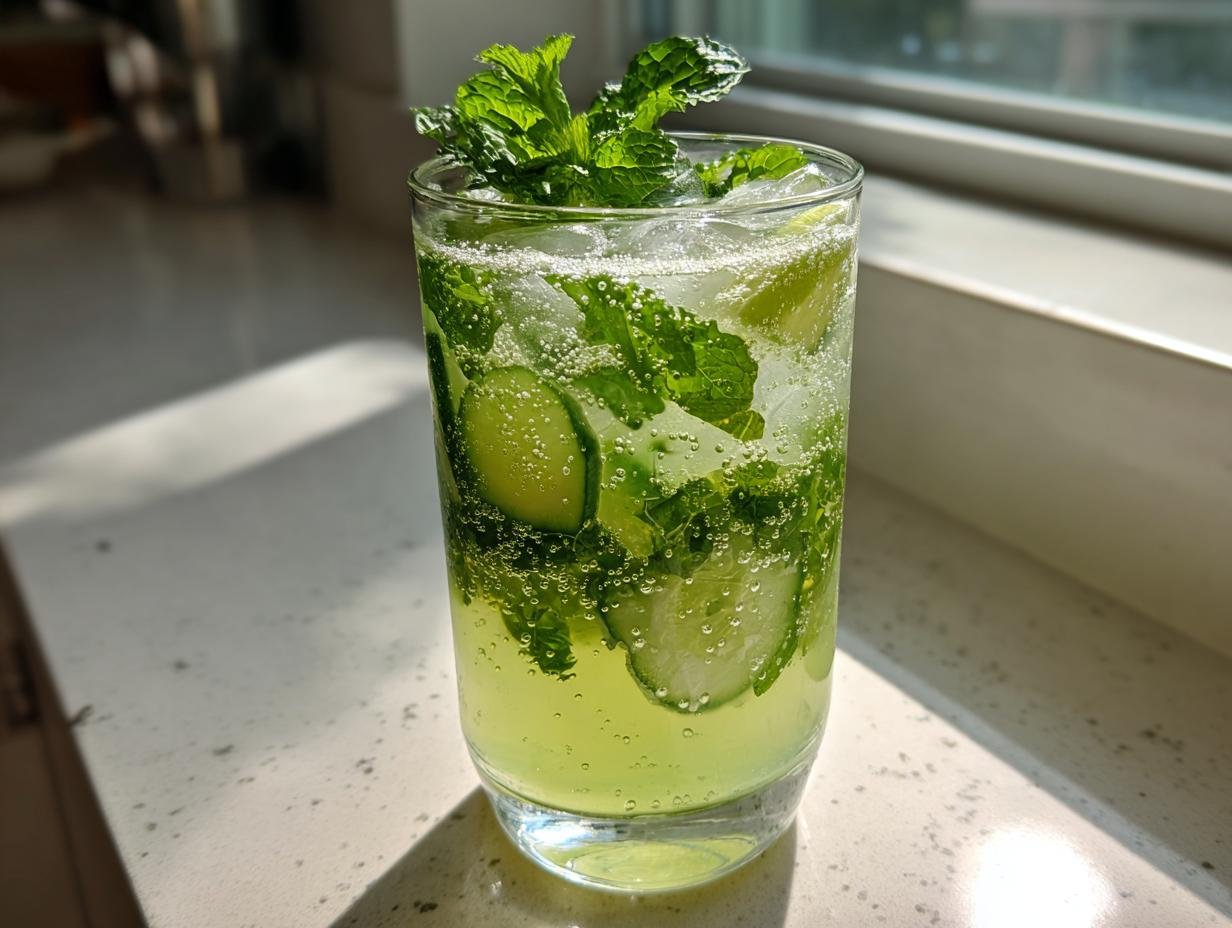 A tall glass filled with Cucumber Mint Sparkling Lemonade, featuring cucumber slices, mint leaves, ice, and bubbles.