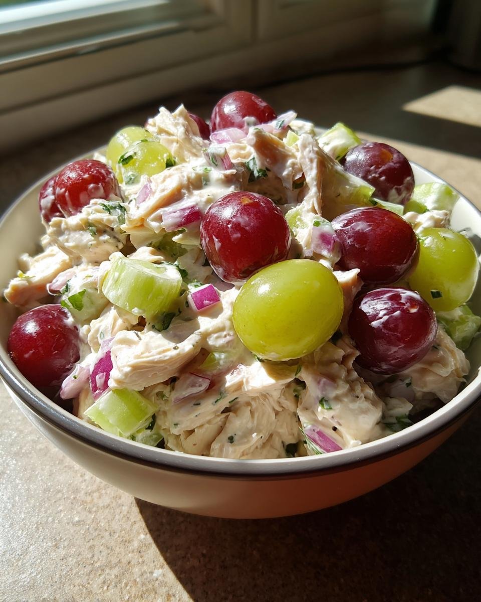 Close-up of a bowl filled with Delicious Chicken Salad Chick Grape Salad, featuring shredded chicken, red and green grapes, celery, and red onion.