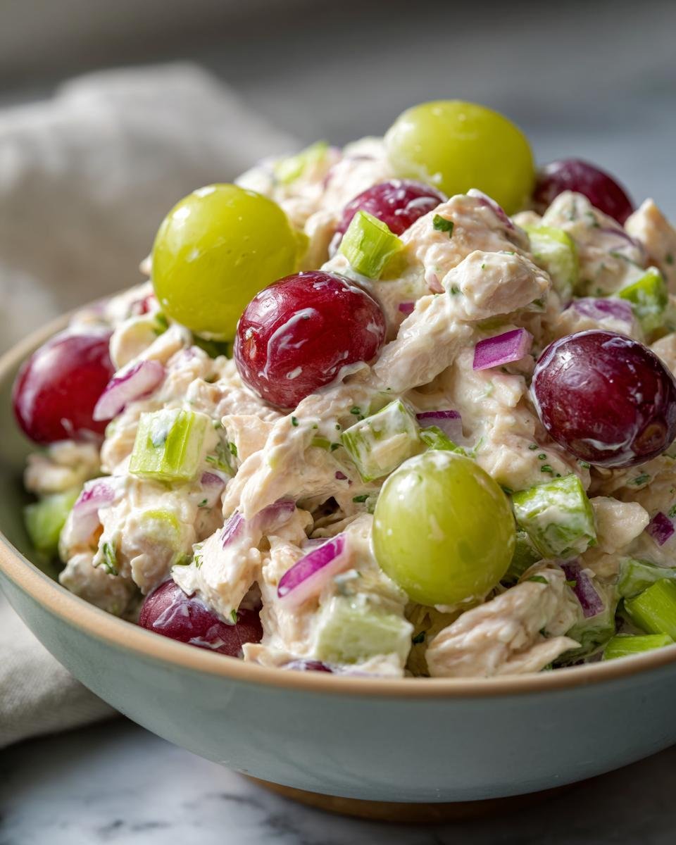 A bowl of Delicious Chicken Salad Chick Grape Salad, featuring shredded chicken, grapes, celery, and red onion in a creamy dressing.