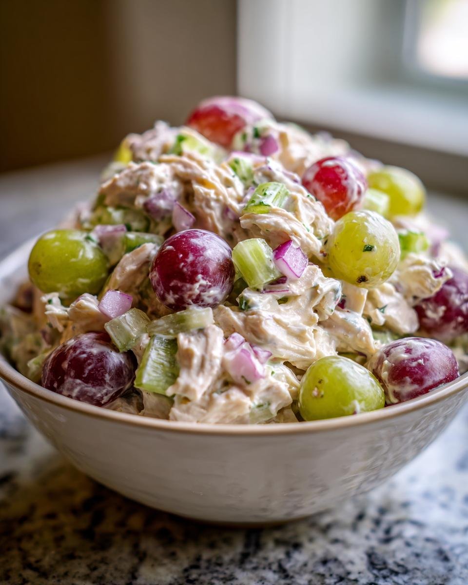 A close-up of a bowl filled with Delicious Chicken Salad Chick Grape Salad, featuring chicken, grapes, celery, and red onion.
