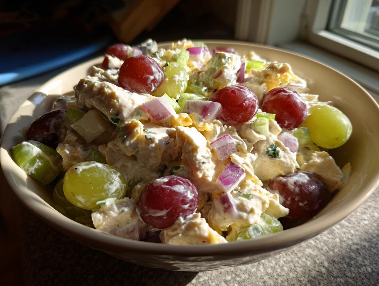 Close-up of a bowl filled with Delicious Chicken Salad Chick Grape Salad, featuring chicken, grapes, and red onion.