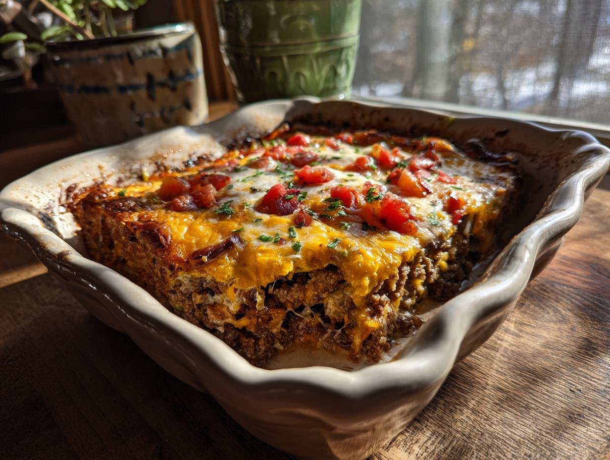 A close-up of a Delicious Egg Roll in a Bowl Recipe casserole, topped with melted cheese, bacon, and tomatoes.