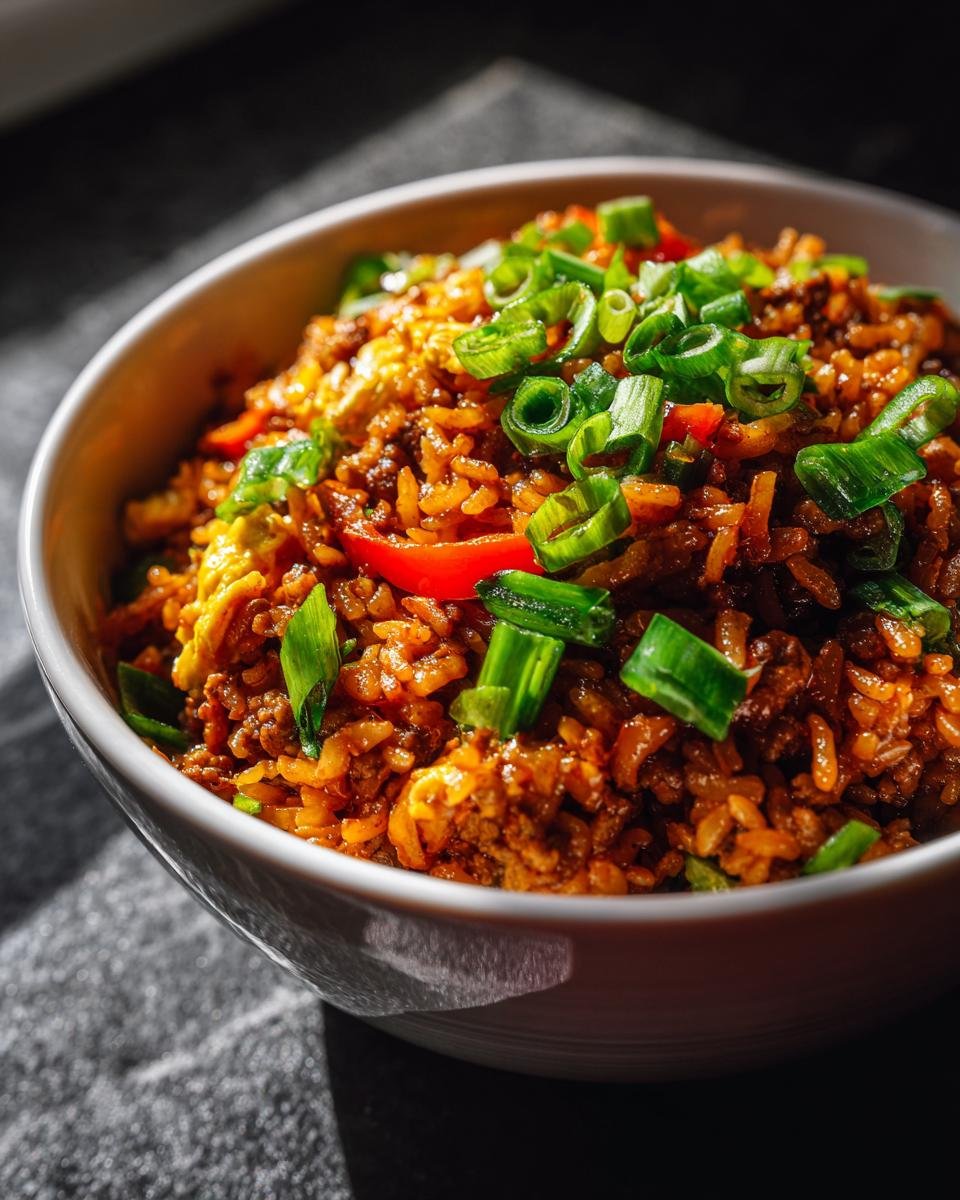 A close-up of a bowl filled with a Delicious Egg Roll In A Bowl recipe, topped with green onions and red pepper.