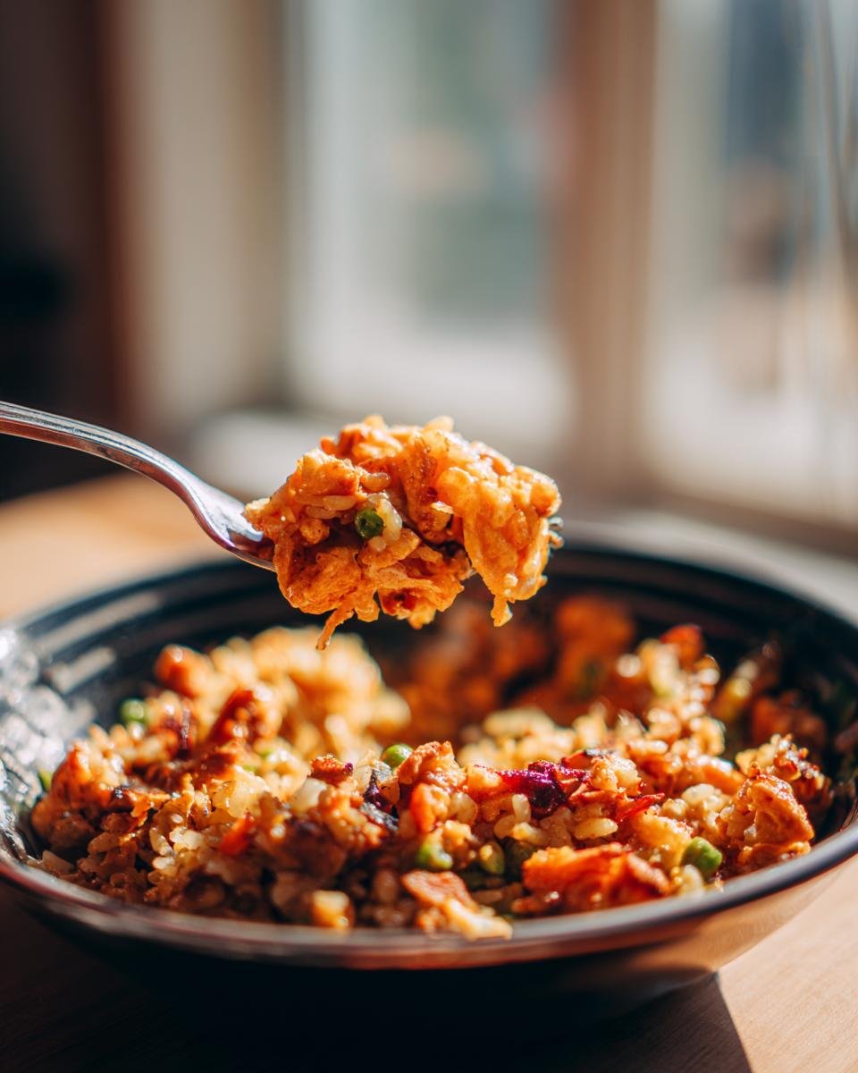 A fork lifts a bite of Delicious Egg Roll In A Bowl, showcasing chicken, rice, and peas.