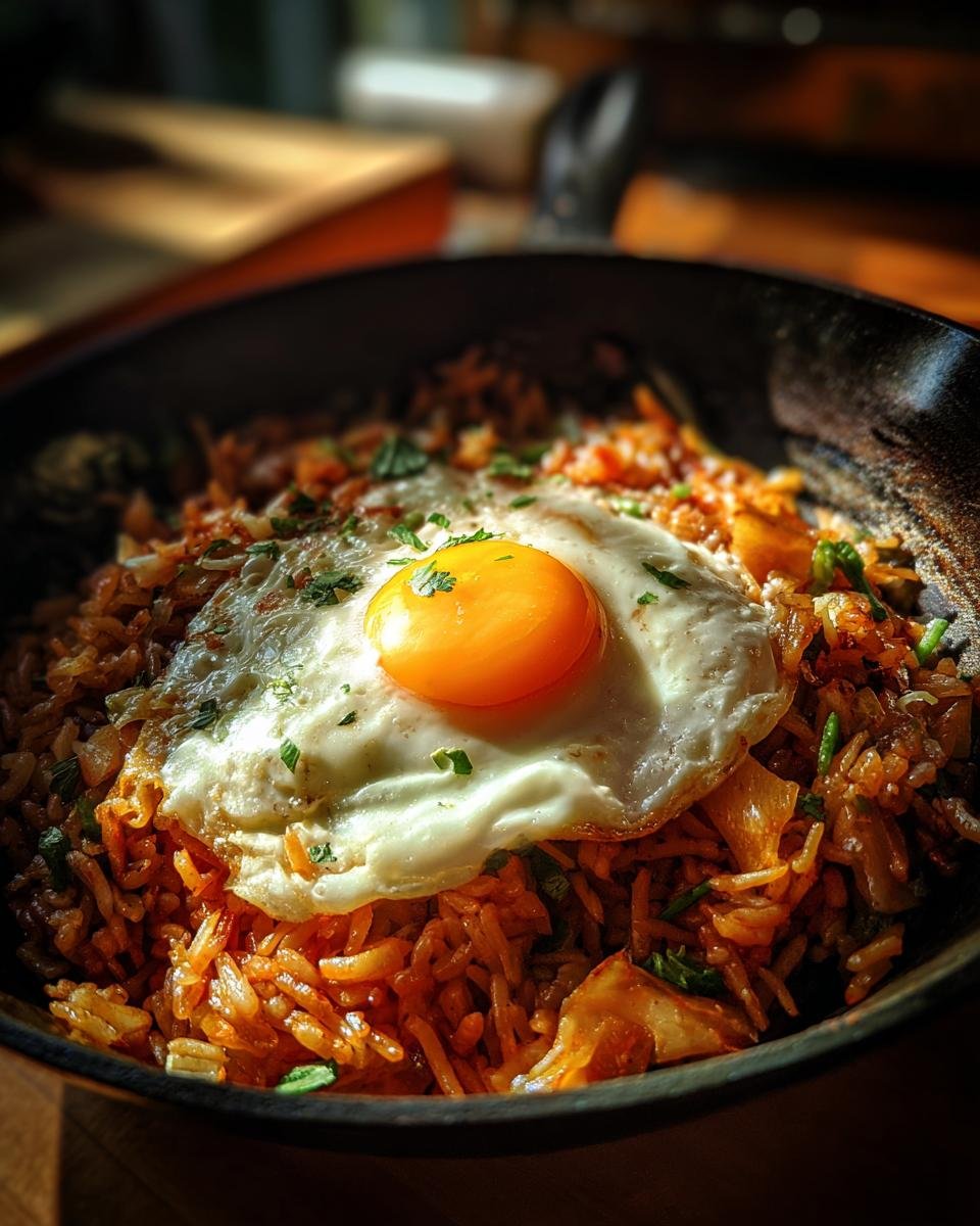 Close-up of a Delicious Egg Roll In A Bowl topped with a perfectly fried egg and fresh herbs.