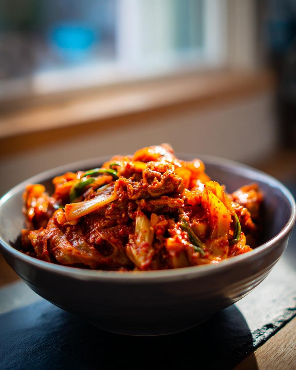 Close-up of a bowl filled with a Delicious Egg Roll In A Bowl Recipe, featuring pork, cabbage, and a spicy sauce.