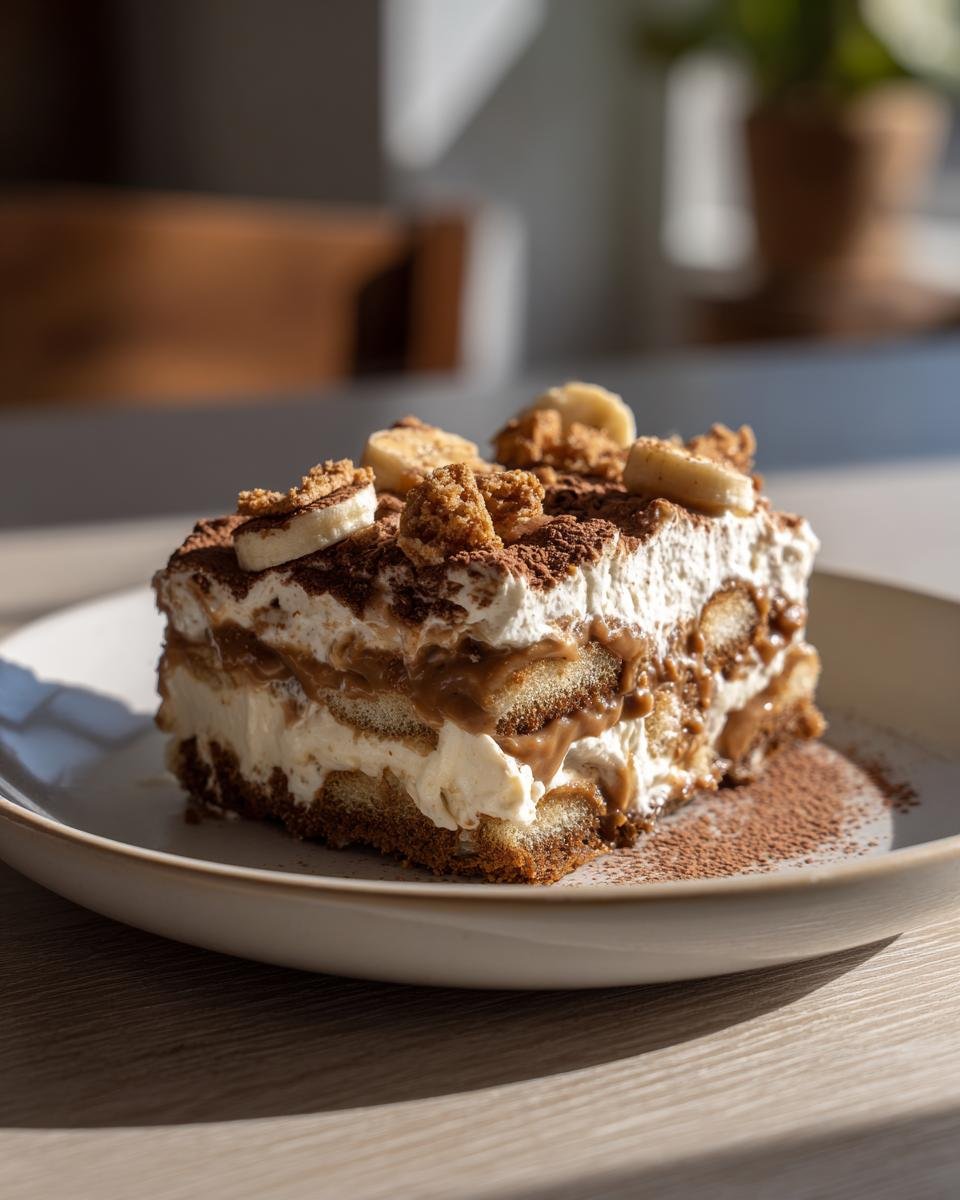 A slice of Delicious Peanut Butter Banana Pudding topped with banana slices and cookie crumbles.