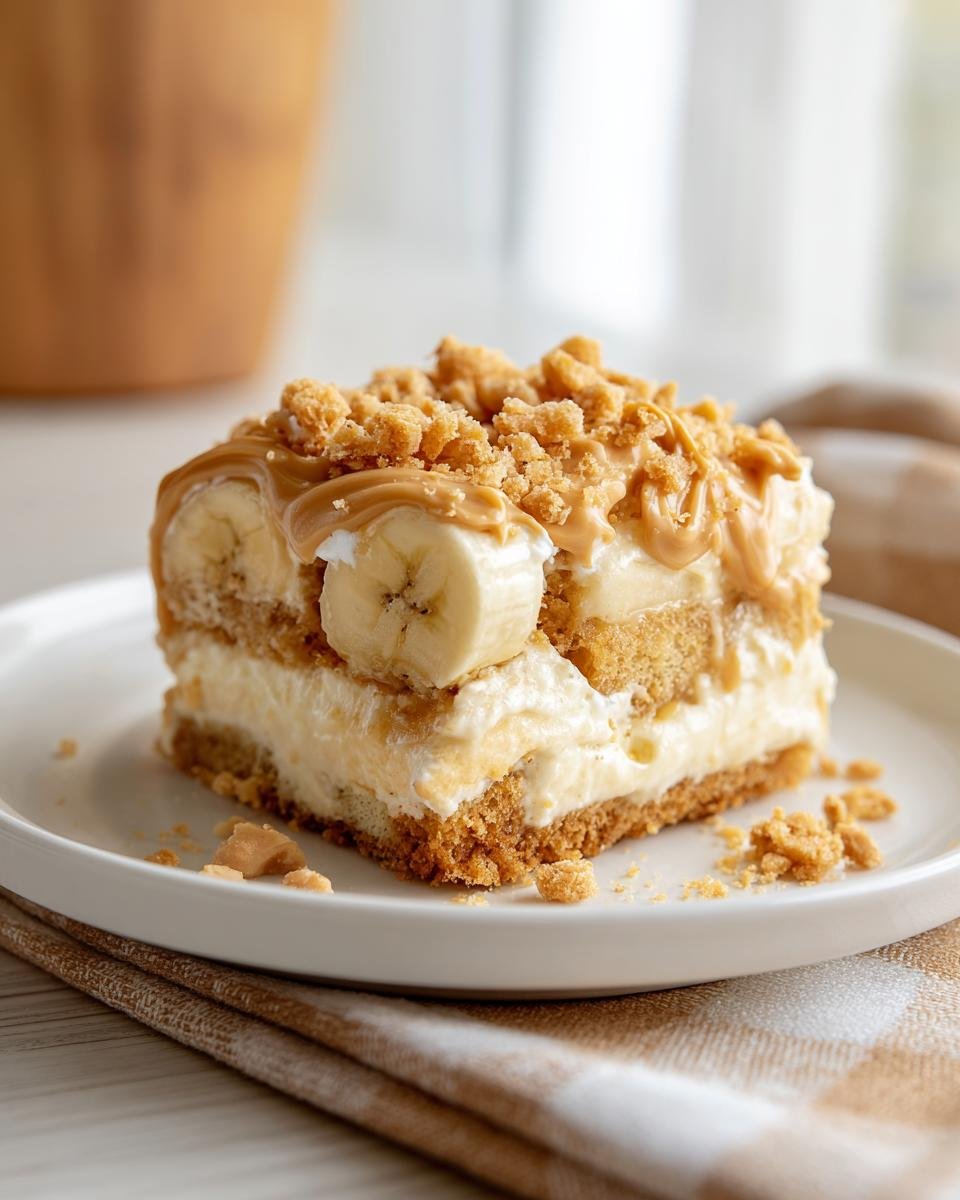A slice of Delicious Peanut Butter Banana Pudding topped with banana slices, peanut butter drizzle, and crumble.
