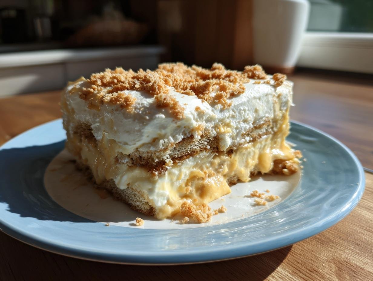 A slice of Delicious Peanut Butter Banana Pudding on a blue plate, topped with whipped cream and cookie crumbs.