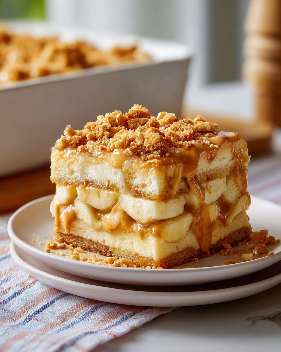 A slice of delicious peanut butter banana pudding layered with bananas, creamy filling, and a crumbly topping, drizzled with caramel.