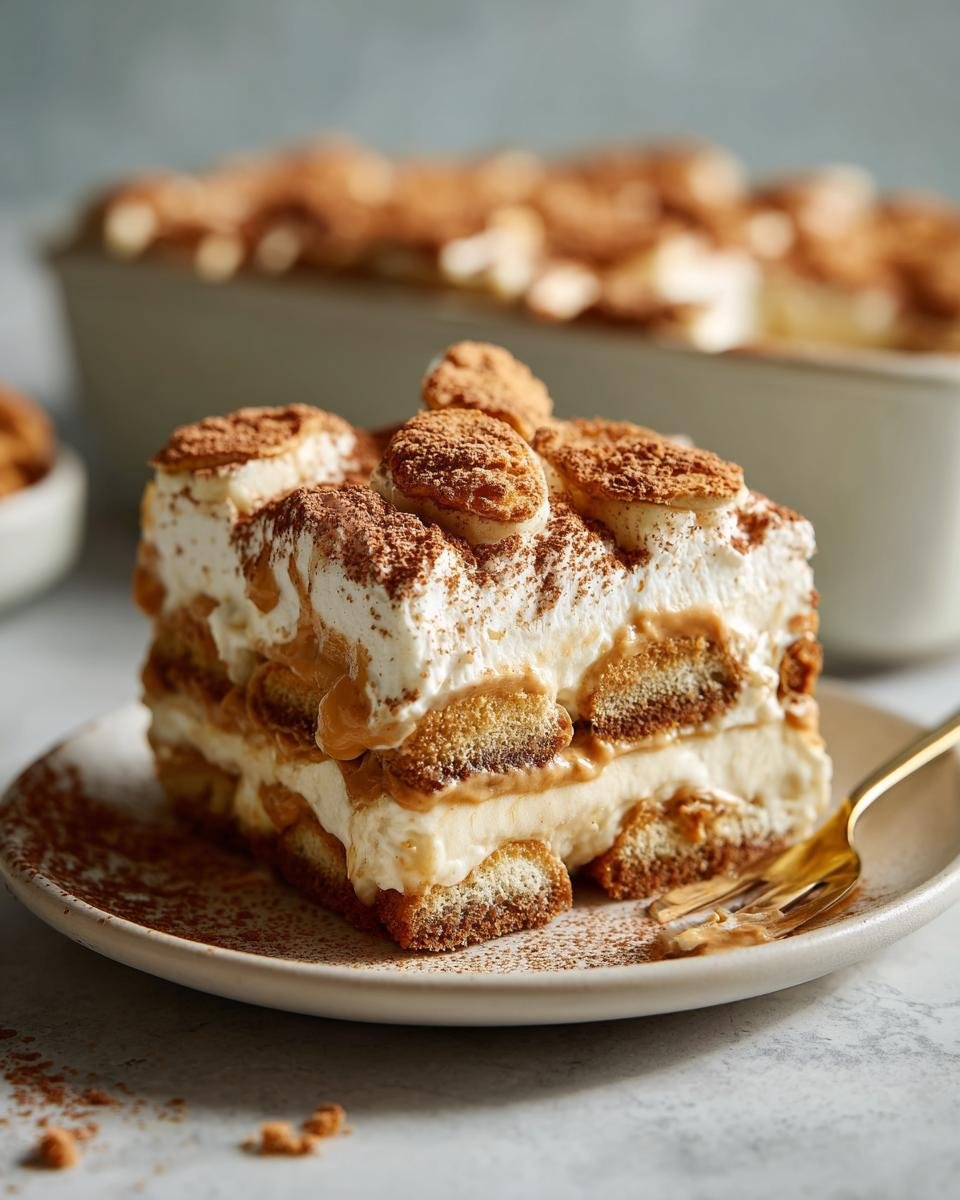 A slice of delicious peanut butter banana pudding layered with cookies, cream, and banana slices, dusted with cocoa powder.