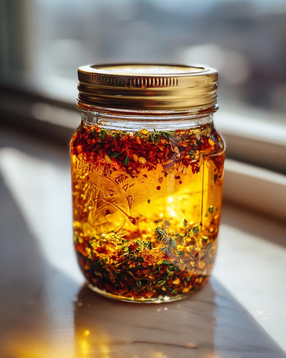 Close-up of a glass jar containing oil infused with herbs and red pepper flakes for Easy Homemade Italian Dressing.