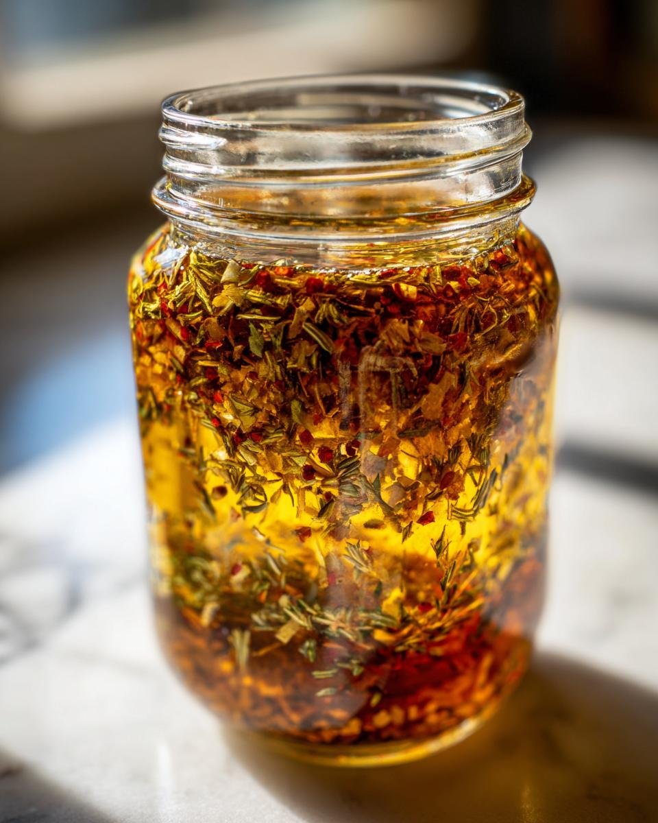 Close-up of Easy Homemade Italian Dressing ingredients steeped in oil inside a glass jar.