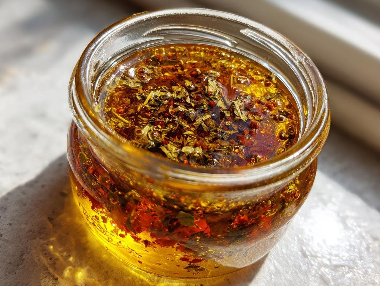 Close-up of a small glass jar filled with vibrant Easy Homemade Italian Dressing, showing oil, herbs, and spices settling.