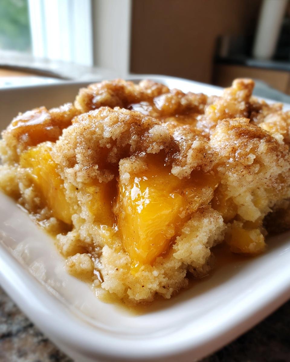 Close-up of a serving of Easy Peach Cobbler Recipe, with juicy peaches and a crumbly topping.