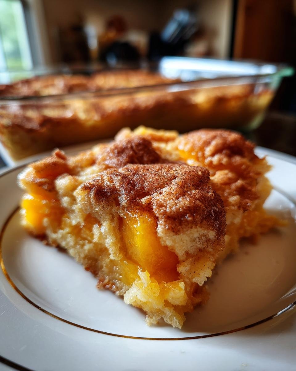 Close-up of a slice of easy peach cobbler, showcasing juicy peaches and a golden-brown topping.