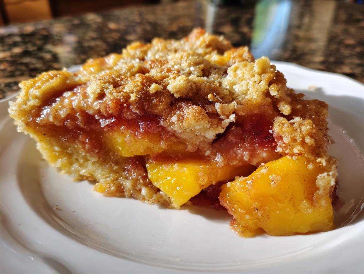 A delicious slice of Easy Peach Cobbler Recipe, showcasing tender peaches and a crumbly topping.