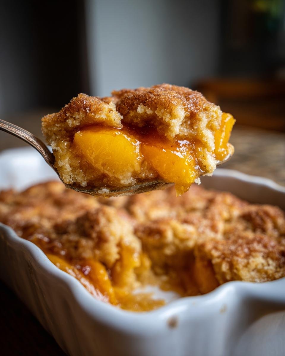 A spoonful of warm Easy Peach Cobbler Recipe, showing juicy peaches and a crumbly topping.