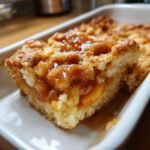 A close-up of a slice of easy peach cobbler in a white baking dish, showing juicy peaches and a crumb topping.