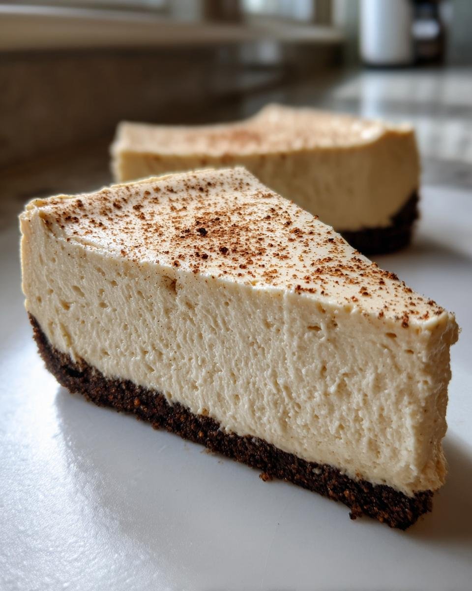 A close-up of a slice of creamy Eggnog Latte Cheesecake with a dark crust, dusted with cinnamon.