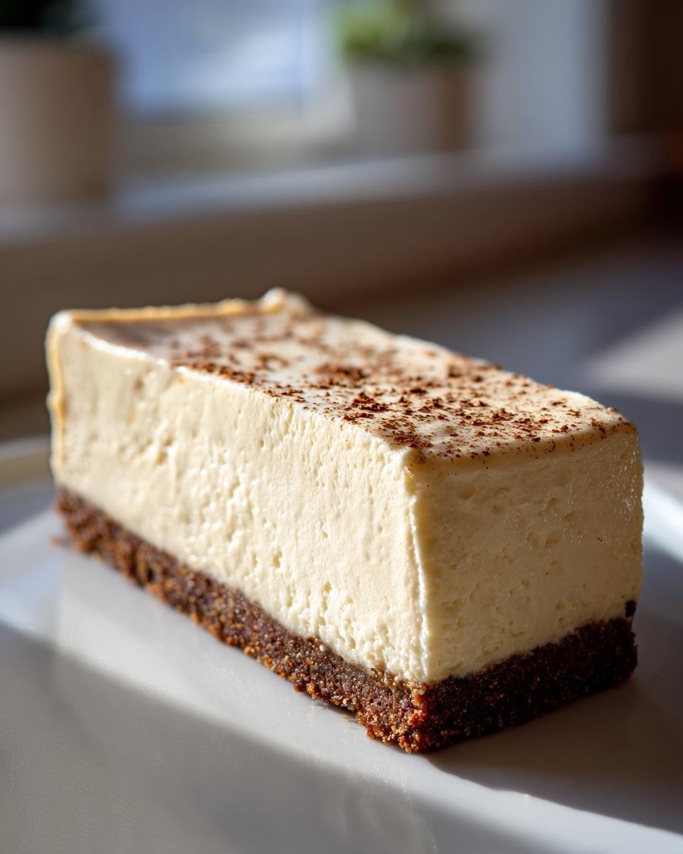 A rectangular slice of creamy Eggnog Latte Cheesecake with a dark crust, dusted with cocoa powder.