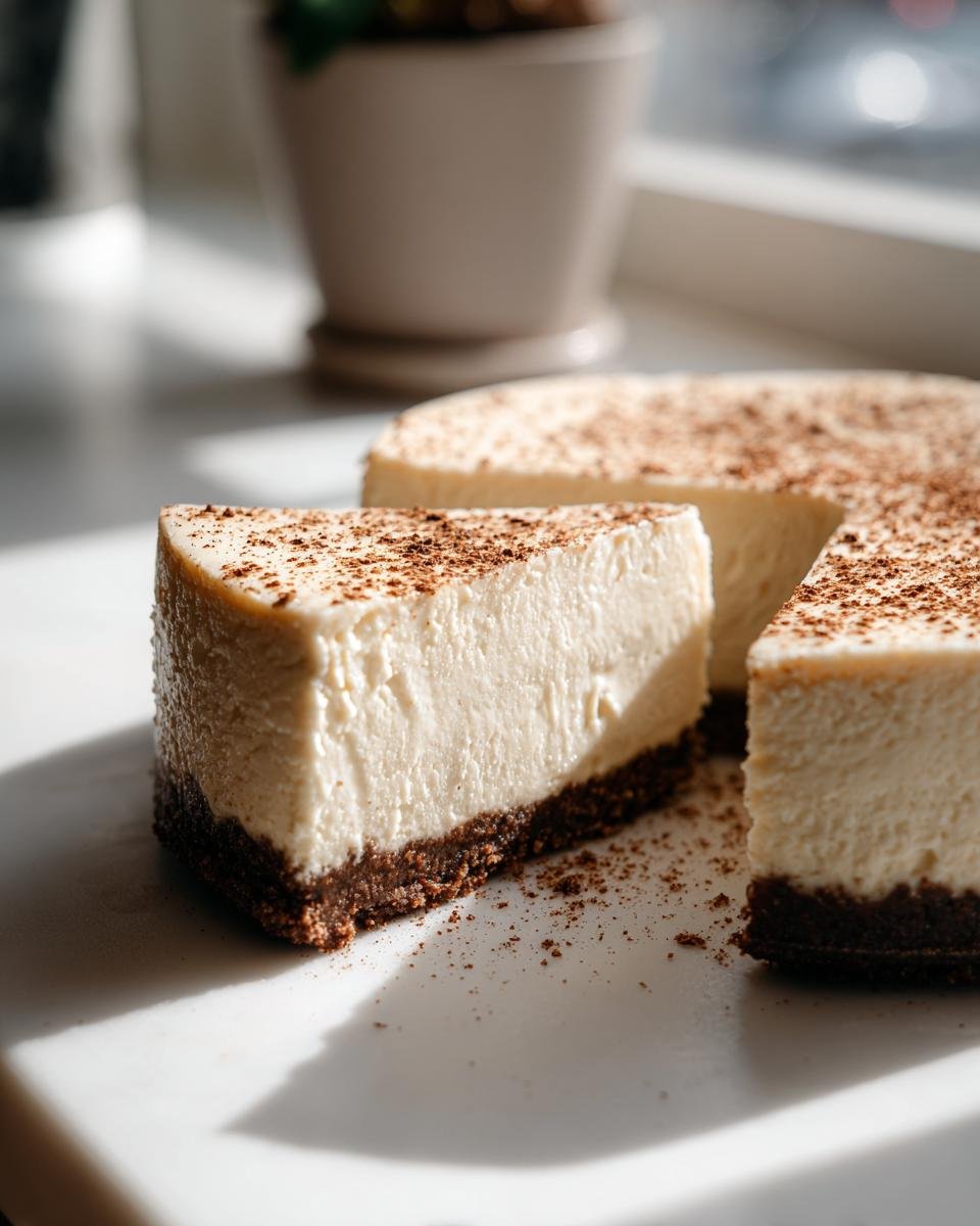 A close-up of a slice of creamy Eggnog Latte Cheesecake with a dark crust, dusted with cocoa powder.
