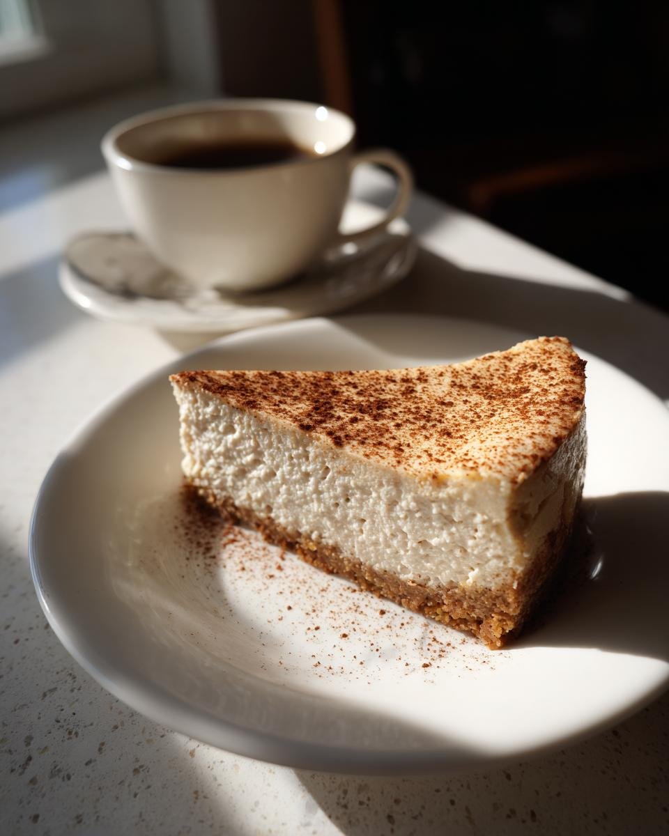 A slice of creamy Eggnog Latte Cheesecake dusted with cocoa, served on a white plate next to a cup of coffee.