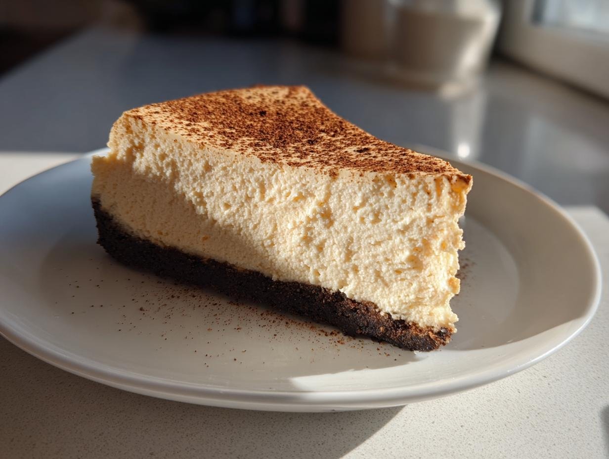 A thick slice of creamy Eggnog Latte Cheesecake with a dark crust, dusted with cocoa powder, served on a white plate.